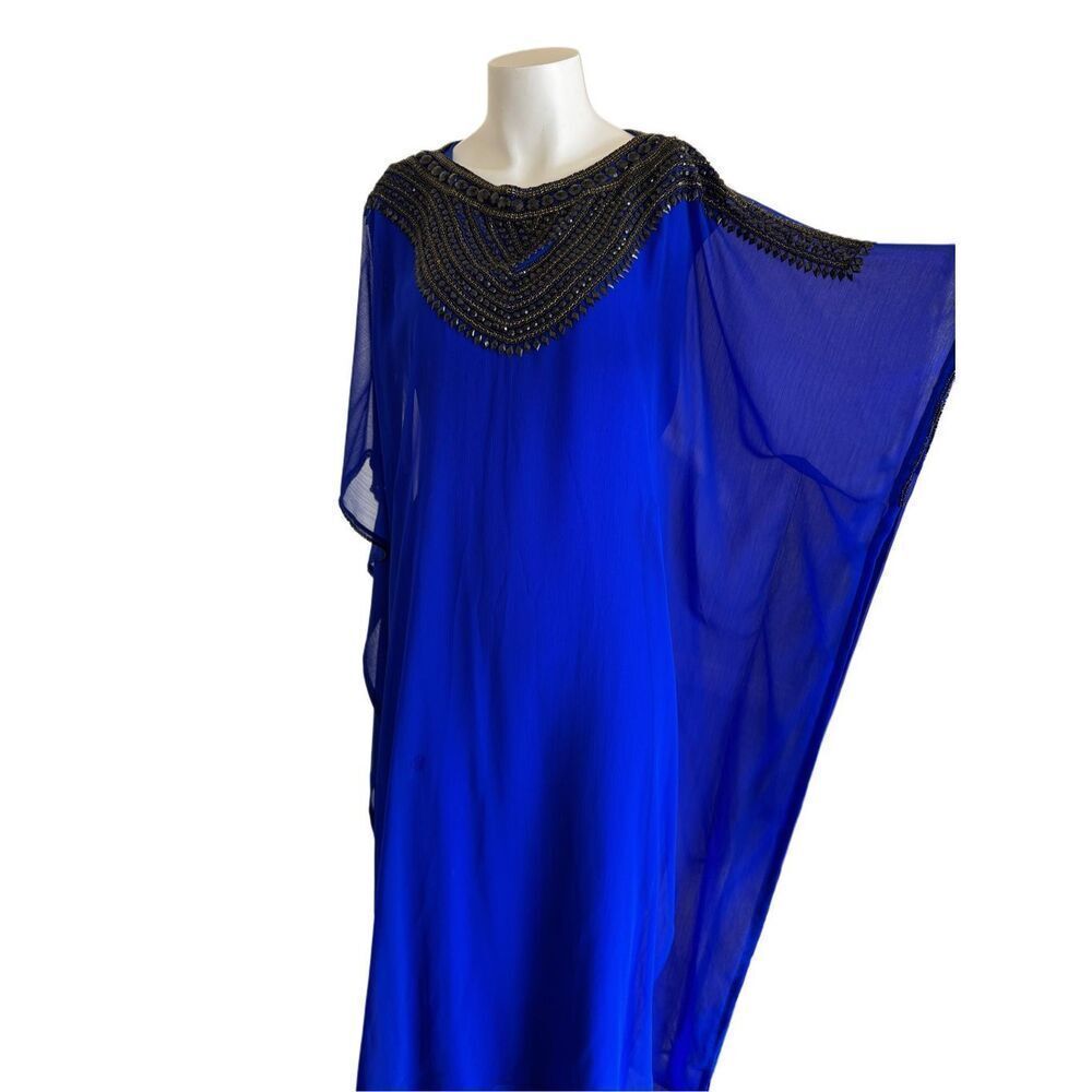 Royal blue women’s Islamic Kaftan black beaded embroidery wide long sleeve osfm - Picture 2 of 9